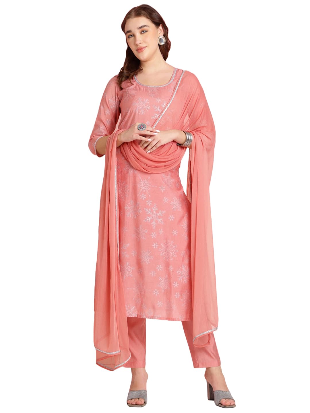 Anni Designer Women'S Rayon Blend Printed Straight Kurta With Pant & Dupatta (Vayu Peach_S_Peach_Small),Peach,S