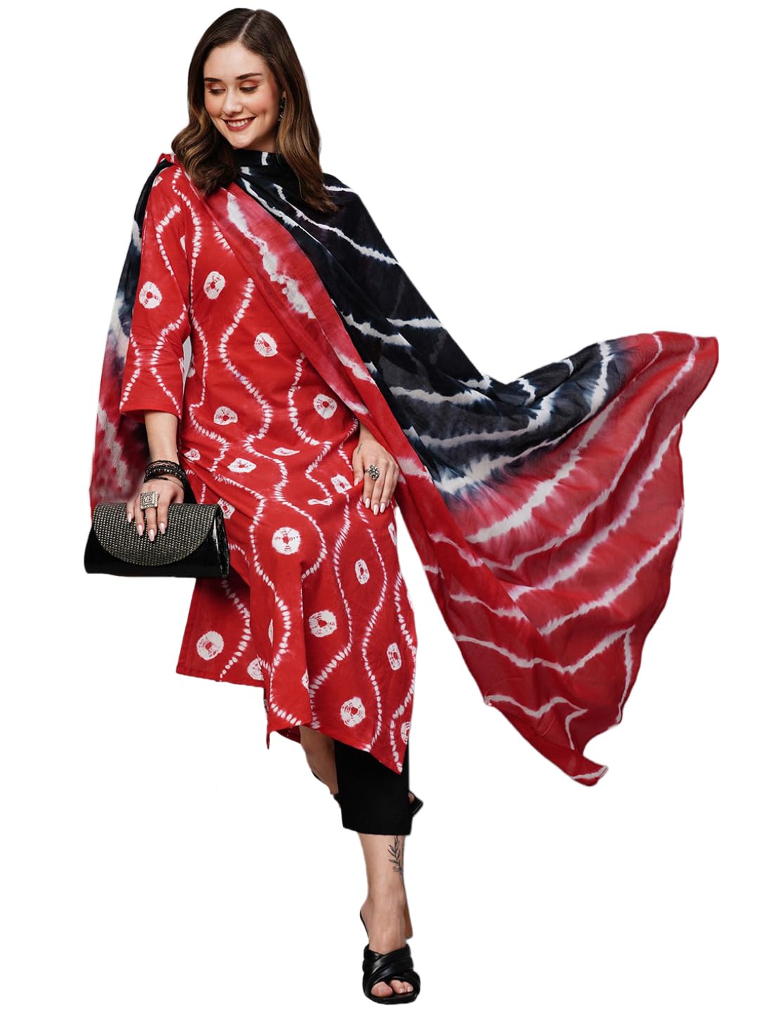 Anni Designer Women'S Cotton Blend Straight Printed Kurta With Pant & Dupatta (Mayavi Red-Nrw_S_Red & Black_Small),Red & Black,S