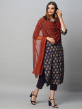 Gosriki Women'S Cotton Blend Straight Printed Kurta With Pant & Dupatta (Chachu Blue-Gs_Xl_Blue_X-Large),Blue,,B0CGD52JV9