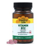Country Life Vitamin B12 with Folate, Supports Energy & Red Blood Cell Production, 500mcg, 100 Lozenges, Certified Gluten Free, 