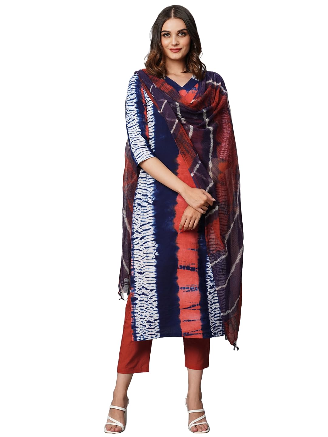 Gosriki Women'S Cotton Blend Straight Printed Kurta With Pant & Dupatta (Pencil Blue-Gs_S_Blue_Small),Blue,,B0CGD5371Z