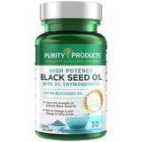 Purity Products High Potency Black Seed Oil - Double Strength + Cold Pressed - 3% Thymoquinone - 500 mg Black Cumin Seed Oil - O