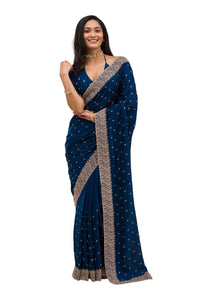 Yashika Women Vichitra Silk Saree With Embroidered Border With Unstitched Blouse Piece | Latest Sarees Bollywood Sari | New Sarees | Saree Blouse| Designer Saree (Az-Ys-Og-Ladyqueen Blue)