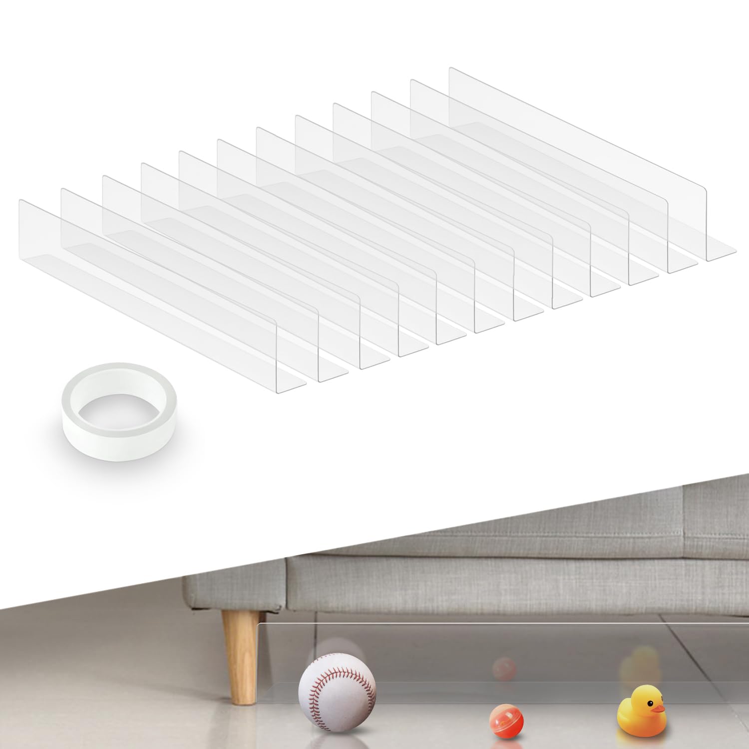 Under Couch Blocker,Toy Blockers for Furniture, Adjustable Gap Bumper Barrier with Strong Tape,Prevent Things Going Under Bed or