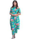 GoSriKi Womens Viscose Printed A-Line Kurta with Trousers, Green, 44