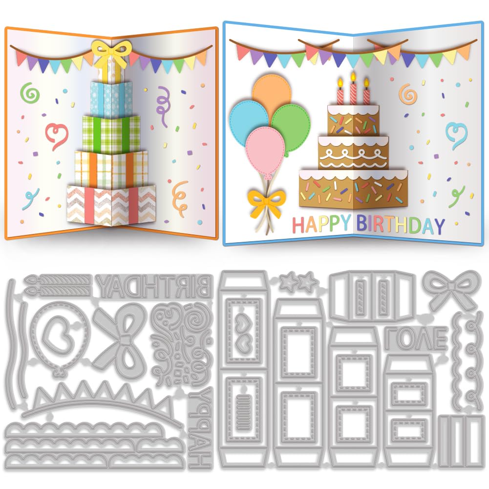 MAYJOYDIY 3D Pop-Up Gift Box Birthday Cutting Dies Cake Bow Candle Happy Birthday Pattern Metal Die Cuts for Card Making Carbon 