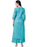 Anni Designer Women'S Cotton Gold-Toned Printed Kurti With Palazzos (Devika-Blue_M),699,M,Cotton Blend,Straight,Pants, Palazzo