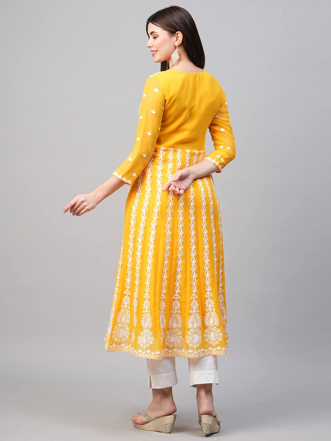 Anni Designer Women'S Georgette Chikankari Embroidered Anarkali Kurti (Naav Yellow-Nw2_Xxl_Yellow_Xx-Large),Yellow,2XL,Georgette,Anarkali,Kurti