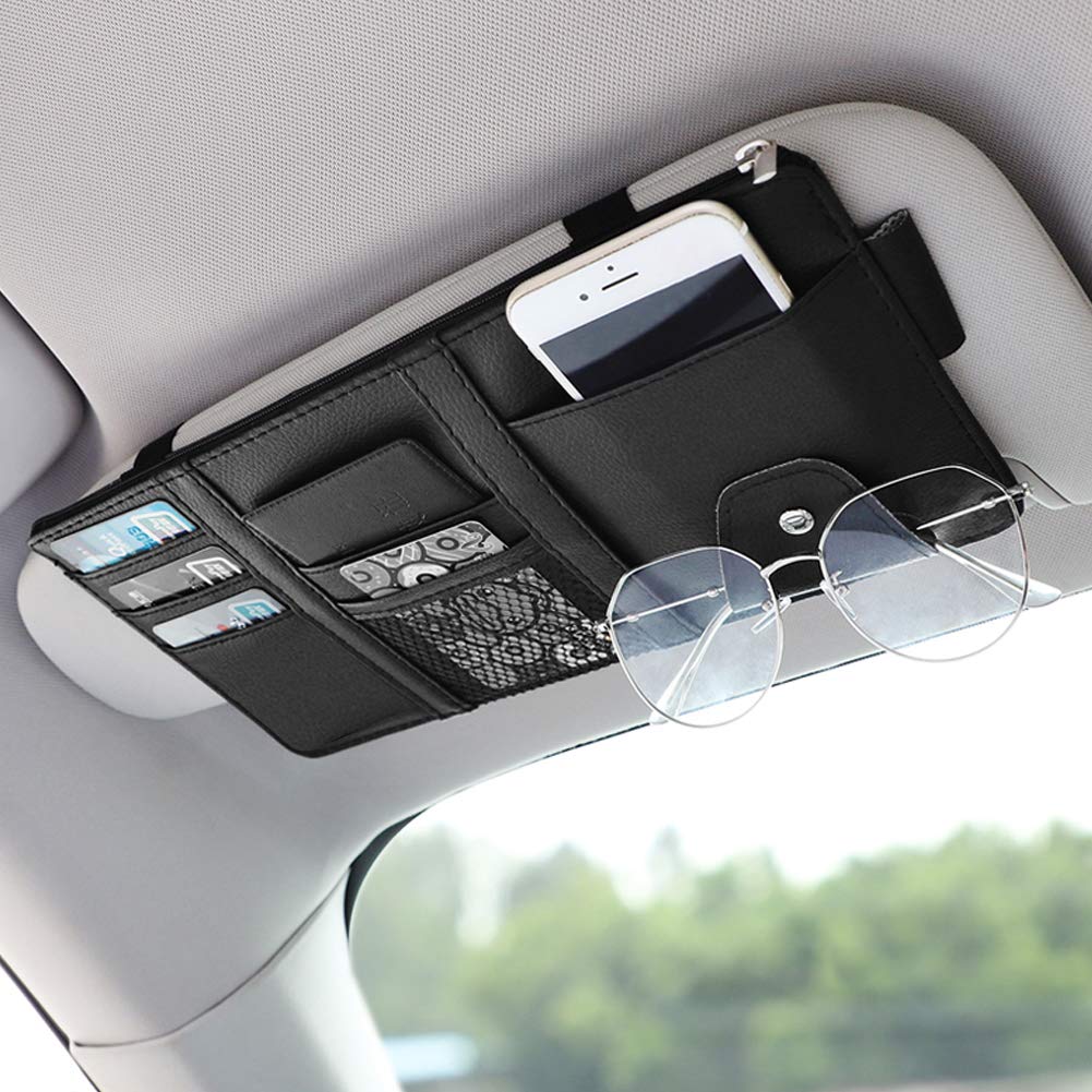 Leather Car Sun Visor Organizer with Net & Zipper, Ultra Light, Ultra Thin Design, Auto Interior Accessories Storage Pocket Pouc