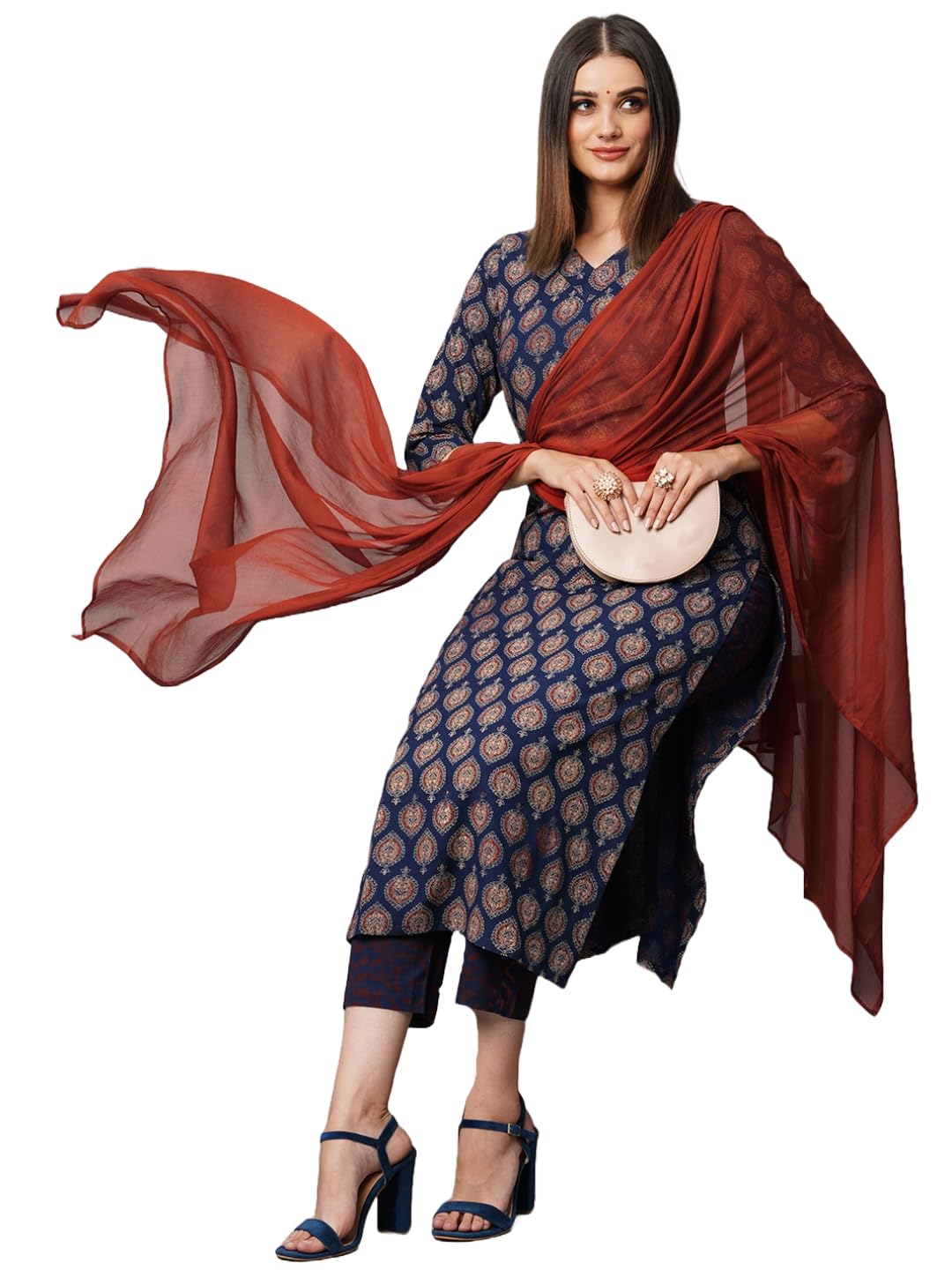 Anni Designer Women'S Cotton Blend Straight Printed Kurta With Pant & Dupatta (Chachu Blue_Xl_Blue_X-Large),Blue,XL