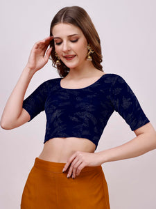 Vihu Fashion Women'S Readymade Hosiery Velvet Lycra Stretchable Round Neck Half Sleeve Blouse Fancy Navy Blue Color Lycra Stretchable Blouse For Women Readymade Saree Blouse Navy Blue 2Xl