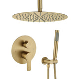 Iriber Brushed Gold Ceiling Mount Round Rain Shower System with 12 Inch Shower Head and Handheld Bathroom Golden Shower Set Cont