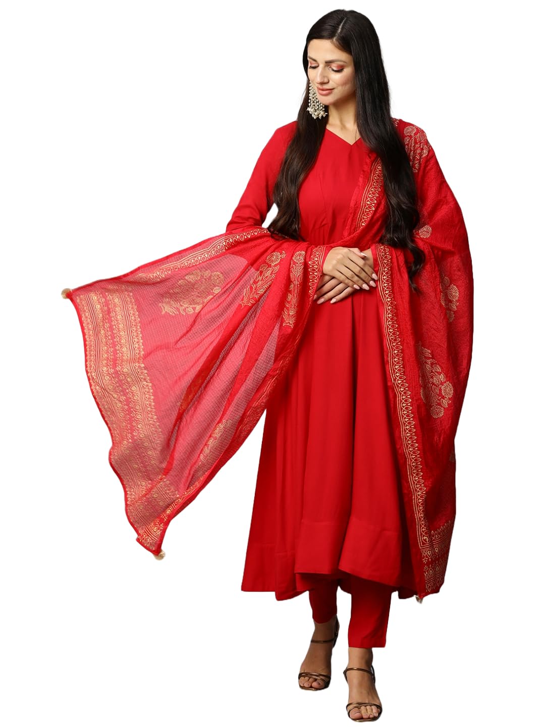 Anni Designer Women'S Rayon Blend Solid Anarkali Kurta With Pant & Dupatta (Magic-Red-Nw_M_Red_Medium),Red,M