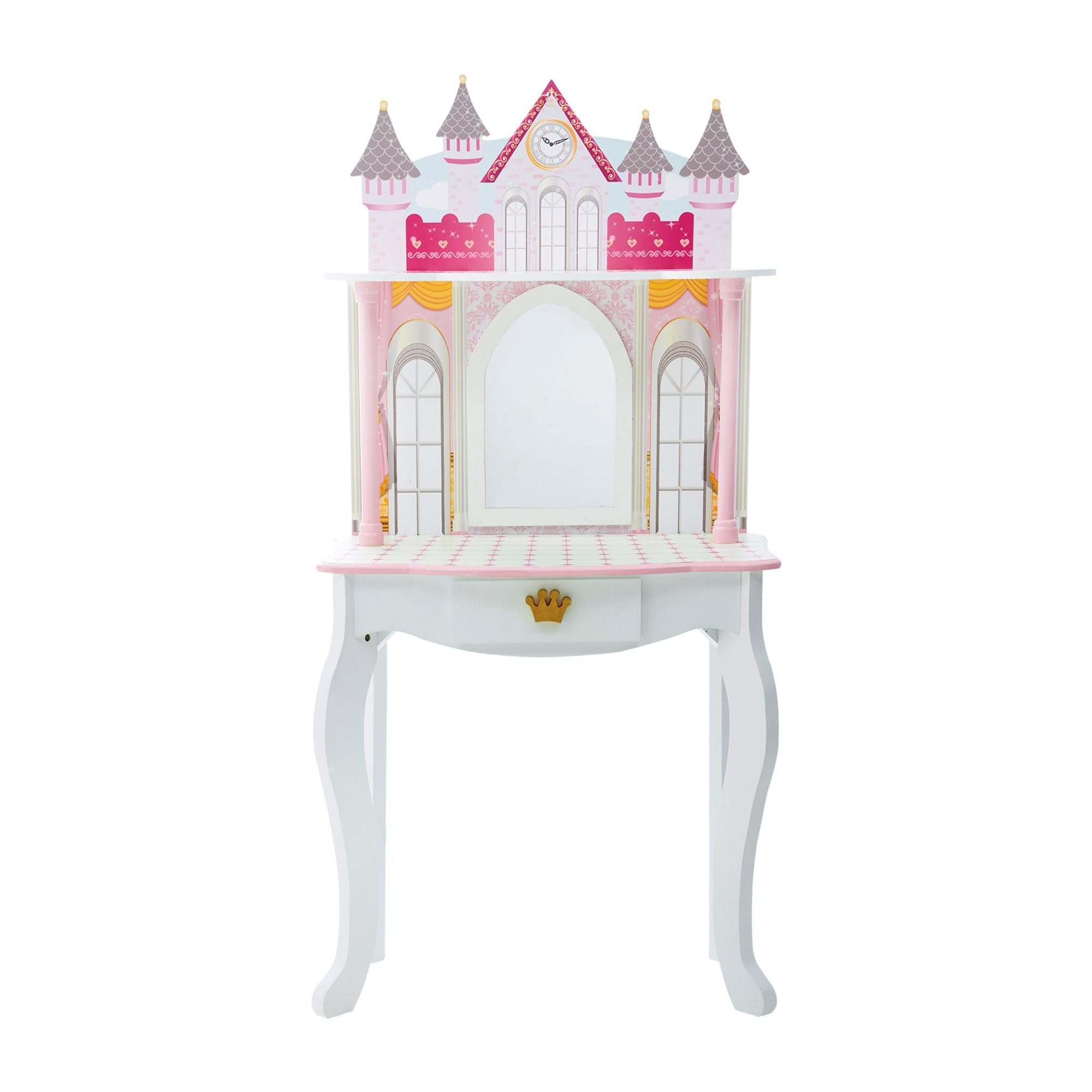Teamson Kids Dreamland Princess Play Vanity Set with Mirror, Shelf, Storage Drawer, Stool, and Accessories for 12 Dolls, White