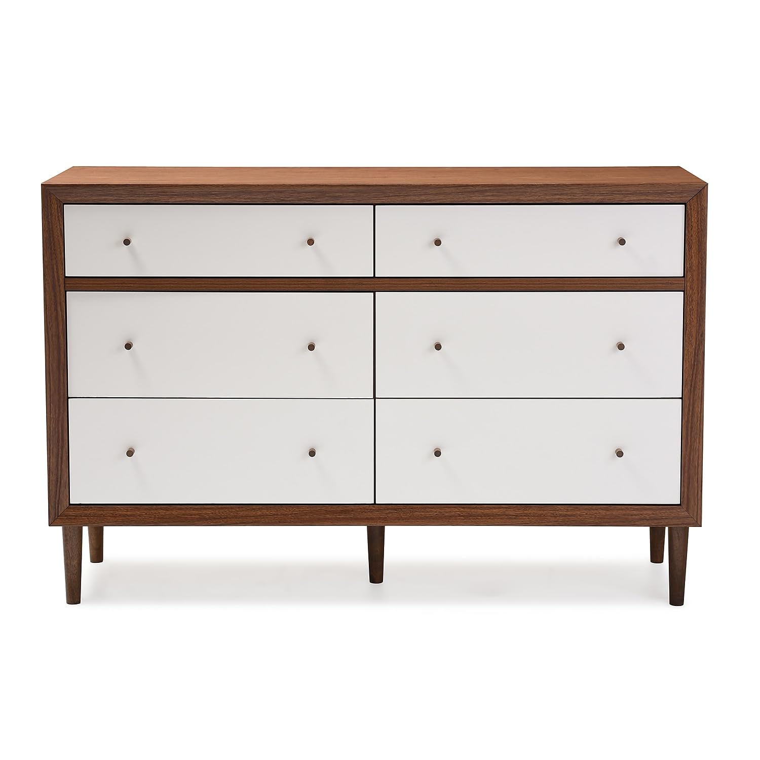 Baxton Furniture Studios Harlow Mid-Century Wood 6 Drawer Storage Dresser, Medium, White And Walnut