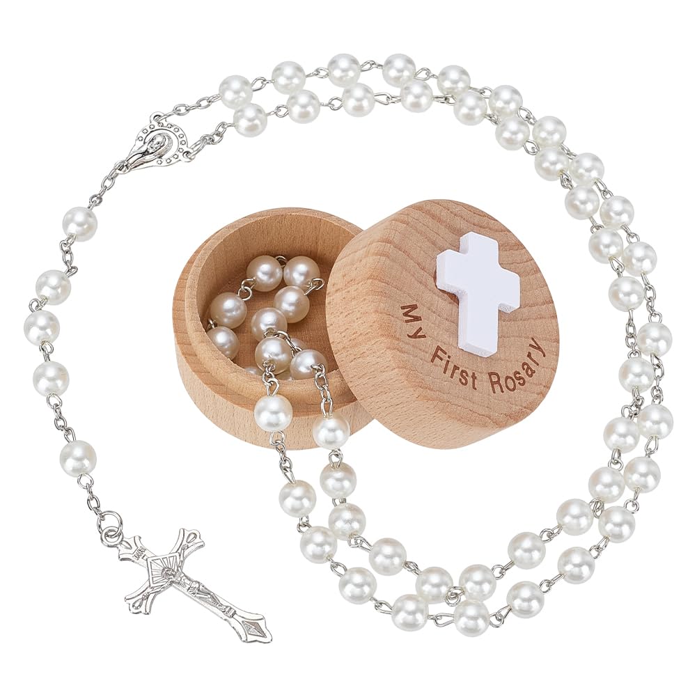 FINGERINSPIRE My First Rosary Round Wooden Keepsake Box Rosary Beads Special Day of Blessing White Rosary 28.74Inch Catholic Gif