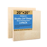 Unfinished Birch Wood Canvas Panels Kit, Falling in Art 2 Pack of 20 x20 Studio 3/4 Deep Cradle Boards for Pouring Art, Crafts, 