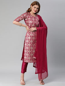 Gosriki Women'S Banarasi Woven Straight Embellished Printed Kurta With Pant & Dupatta (Kabzaa-Wine-Gs_Xl_Wine_X-Large),Wine,,B0BY31ZJR4