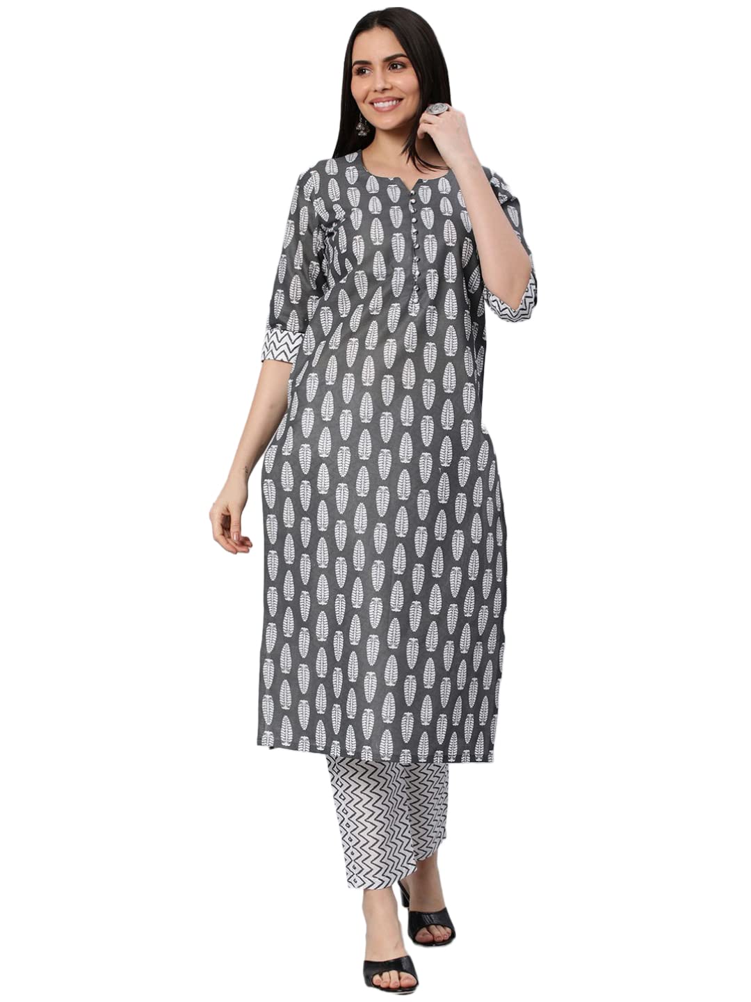 Anni Designer Women'S Cotton Blend Floral Straight Kurta With Pant (Danapa Grey-Nw Medium),Grey,M