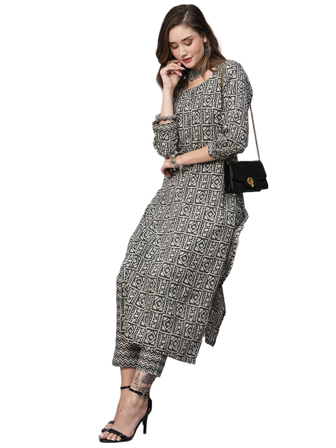 Anni Designer Women'S Cotton Blend Straight Printed Kurta With Pant (Yami Black_S_Black_Small),Black,S