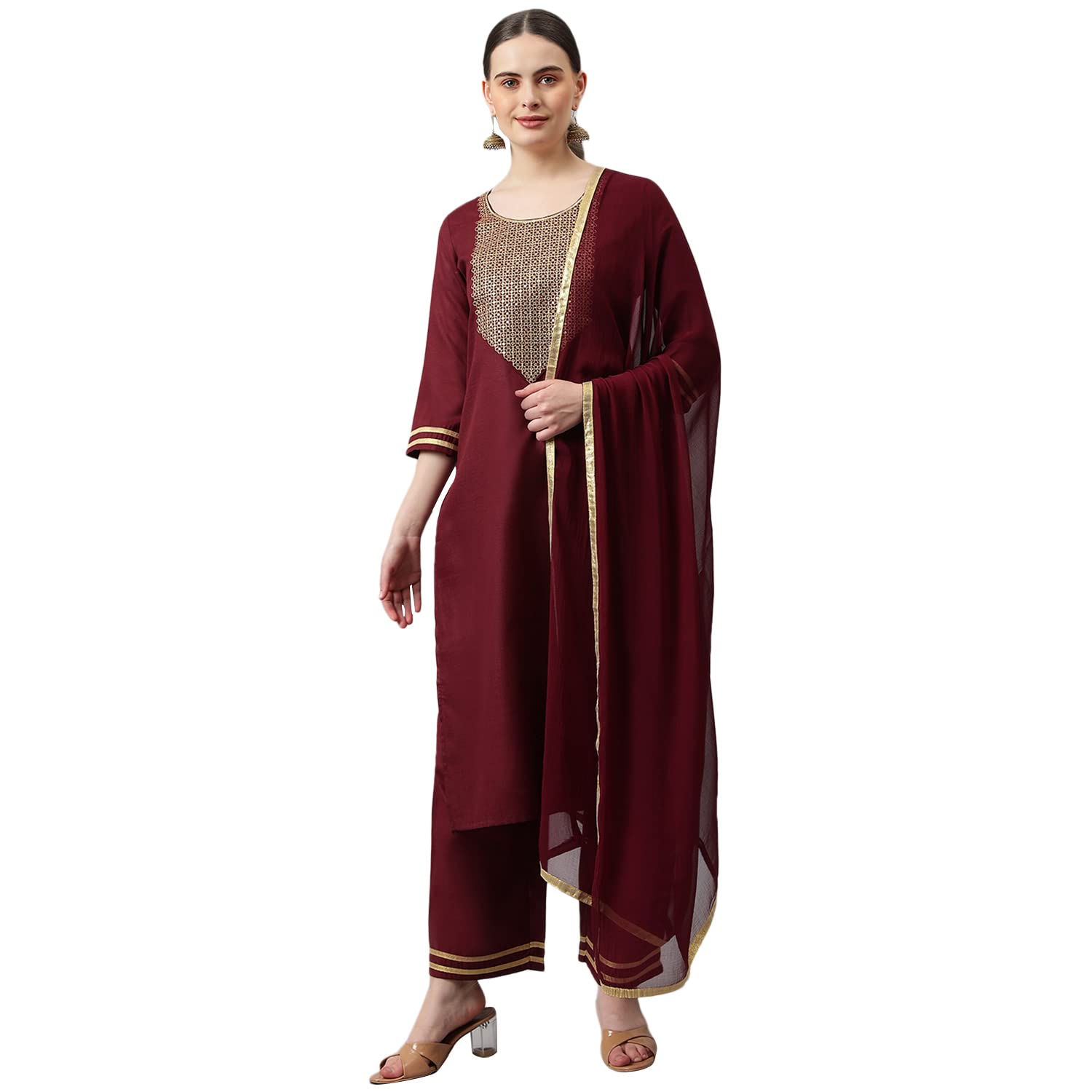 Anni Designer Women'S Cotton Blend Straight Solid Kurta With Palazzo & Dupatta (Label-Nw Maroon_Xl_Maroon_X-Large),Maroon,XL