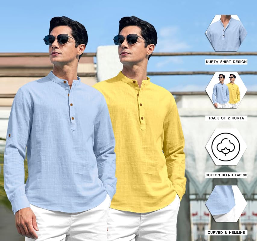 Royalscout Combo Of Men'S Solid Cotton Blend Full Sleeve Straight Kurta Shirt (Pack Of 2) Sky-Yellow 2Xl