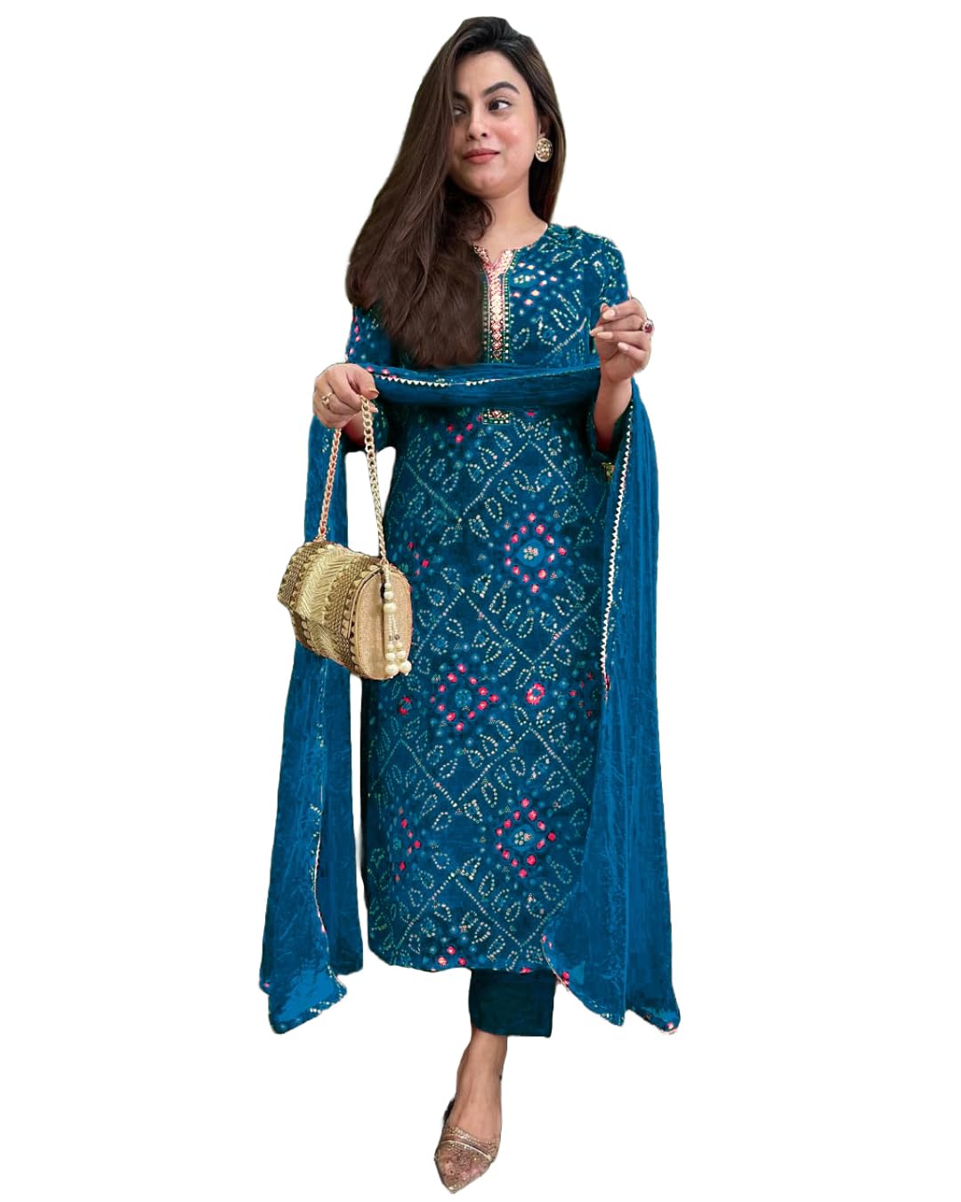 Gosriki Women'S Rayon Blend Straight Printed Kurta With Pant & Dupatta (Turae Cerosin-Vks01-Gs_S_Dark Blue_Small),Dark Blue,,B0DFCKS53N