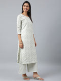 Anni Designer Women'S Cotton Blend Straight Printed Kurta With Palazzo & Dupatta (Suchi Grey_Xl_Grey_X-Large),Grey,XL,Cotton Blend,Straight,Dupatta