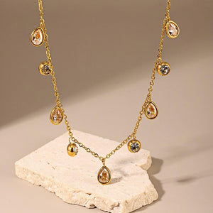 Gold Pink Zircon Teardrop Necklace for Women Dainty Dangle Charm Chain 18K Gold-Plated Stainless Steel 15.7 + 2.7 Adjustable