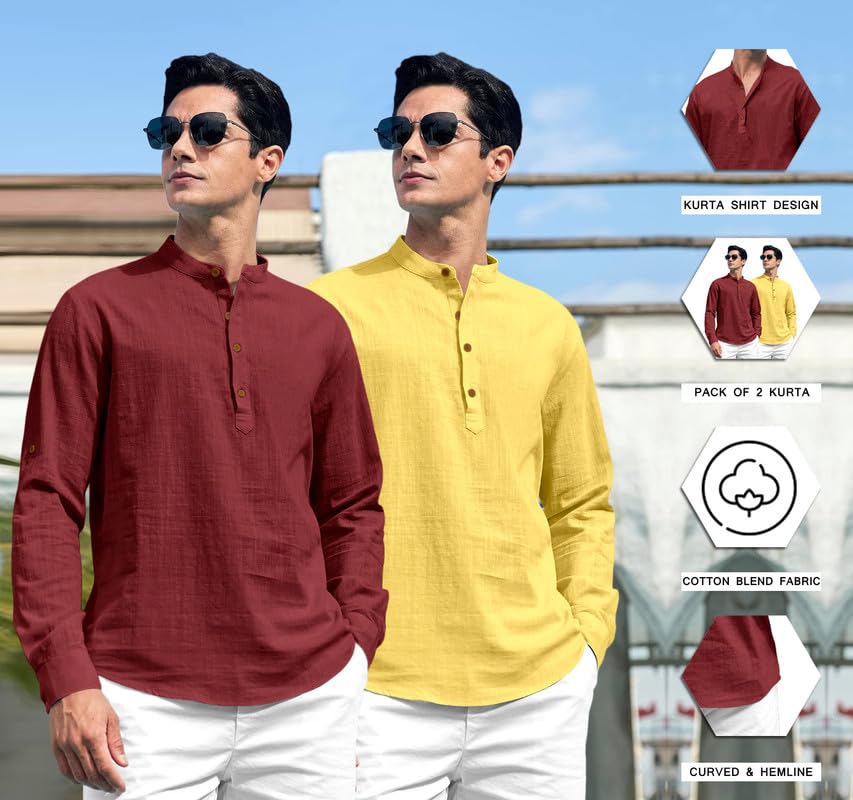 Royalscout Combo Of Men'S Solid Cotton Blend Full Sleeve Straight Kurta Shirt (Pack Of 2) Maroon-Yellow Maroon-Yellow S