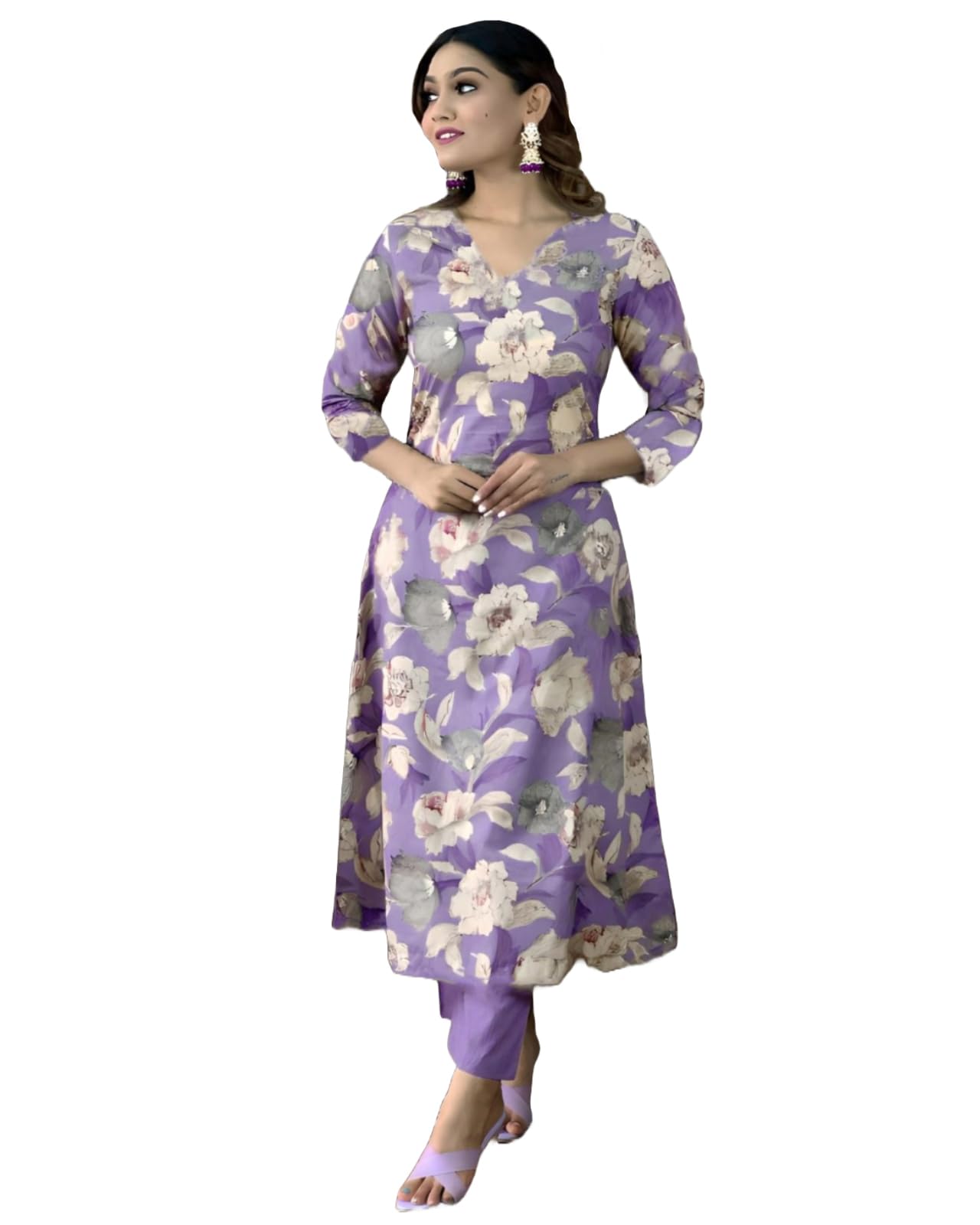Anni Designer Women'S Cotton Blend Straight Printed Kurta With Pant (Dhun Lavender_L_Lavender_Large),Lavender,L