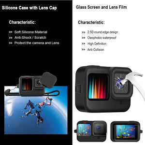 Accessories Kit for Gopro Hero 13 12 11 10 9 Black Waterproof Housing Silicone Case Glass Screen Protector Bundle for Go pro Gop