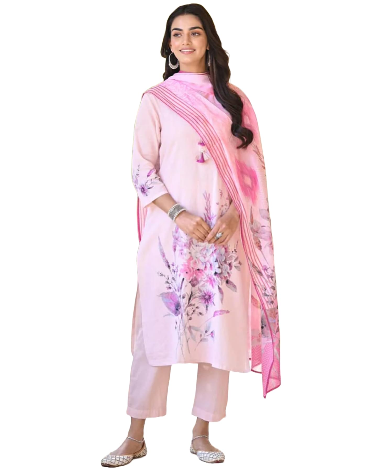 Gosriki Women'S Cotton Blend Printed Straight Kurta With Pant & Dupatta (Durjan Pink-Nw-Gs_S_Pink_Small),Pink,,B0D295FFTY