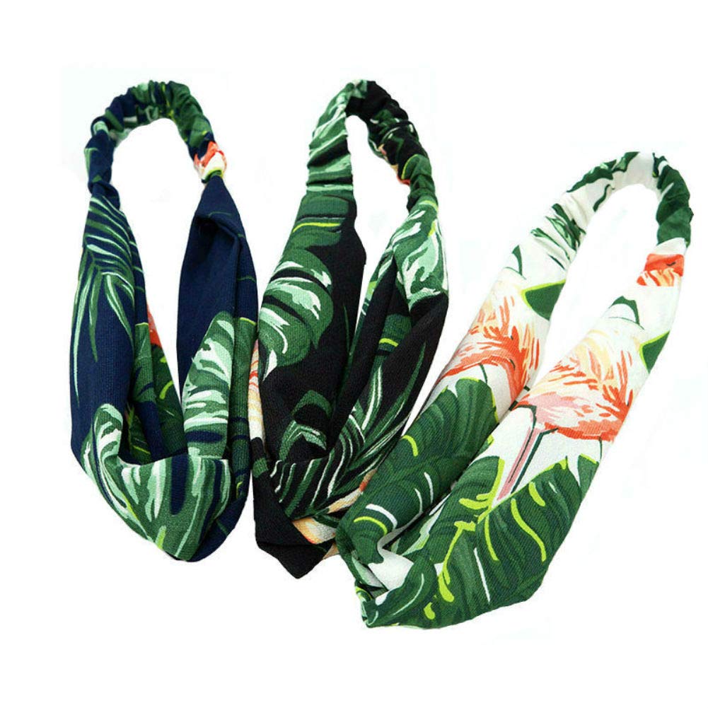 Aysekone 3 Pack Elastic Women's Tropical Beach Wind Summer Headbands Hair Accessories Turban Green Banana Leaves Printed Cross K