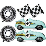 Deermon Blue Race Car Wheel Tire Checkered Black and White Racing Flag Balloons, Racing Vehicles Sports Car Themed Balloon For O