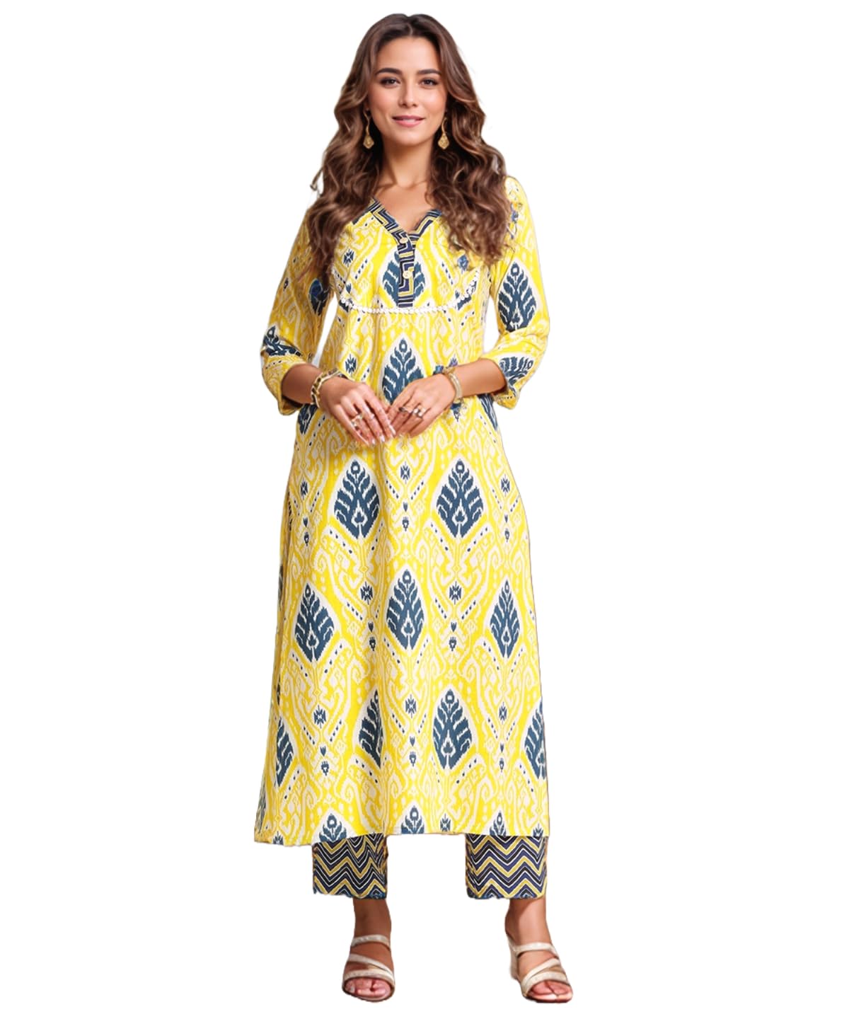 Anni Designer Women'S Rayon Viscose Straight Printed Kurta With Pant (Bechari Yellow_S_Yellow_Small),Yellow,S