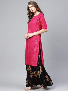 Gosriki Women'S Rayon Printed Straight Kurta With Skirt (Vertika Pink_M),Pink,,B08RBRRMJM
