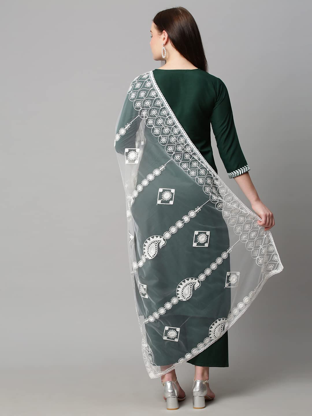 Anni Designer Women'S Cotton Blend Straight Embroidered Kurta With Palazzo & Dupatta (Coin Green_5Xl_Green_Xxxxx-Large),Green,5XL,Cotton Blend,Regular,Kurta, Pants, Scarf