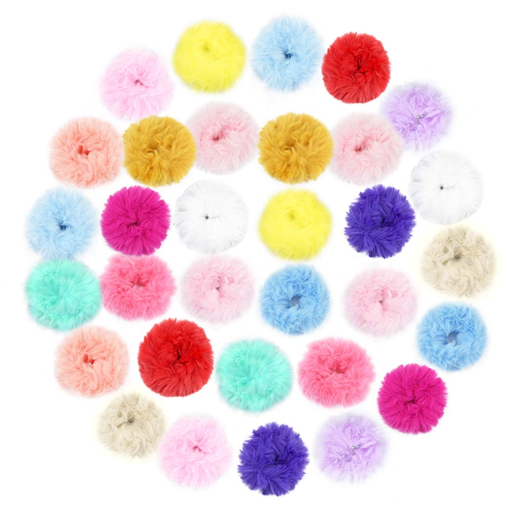jiebor 32PCS Faux Fur Scrunchies and Hair Accessories for Women - Fuzzy Hair Ties, Bands, Ropes, Wristbands, Rings for Ponytail 