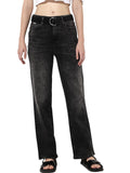 Only WomenS Solid Straight Fit MidRise Black Jeans With Belt