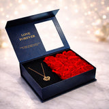 Rozi Decoration Love Forever Gift Box with Artificial Roses and Heart Pendant Necklace | Decorative Keepsake Box for Anniversary