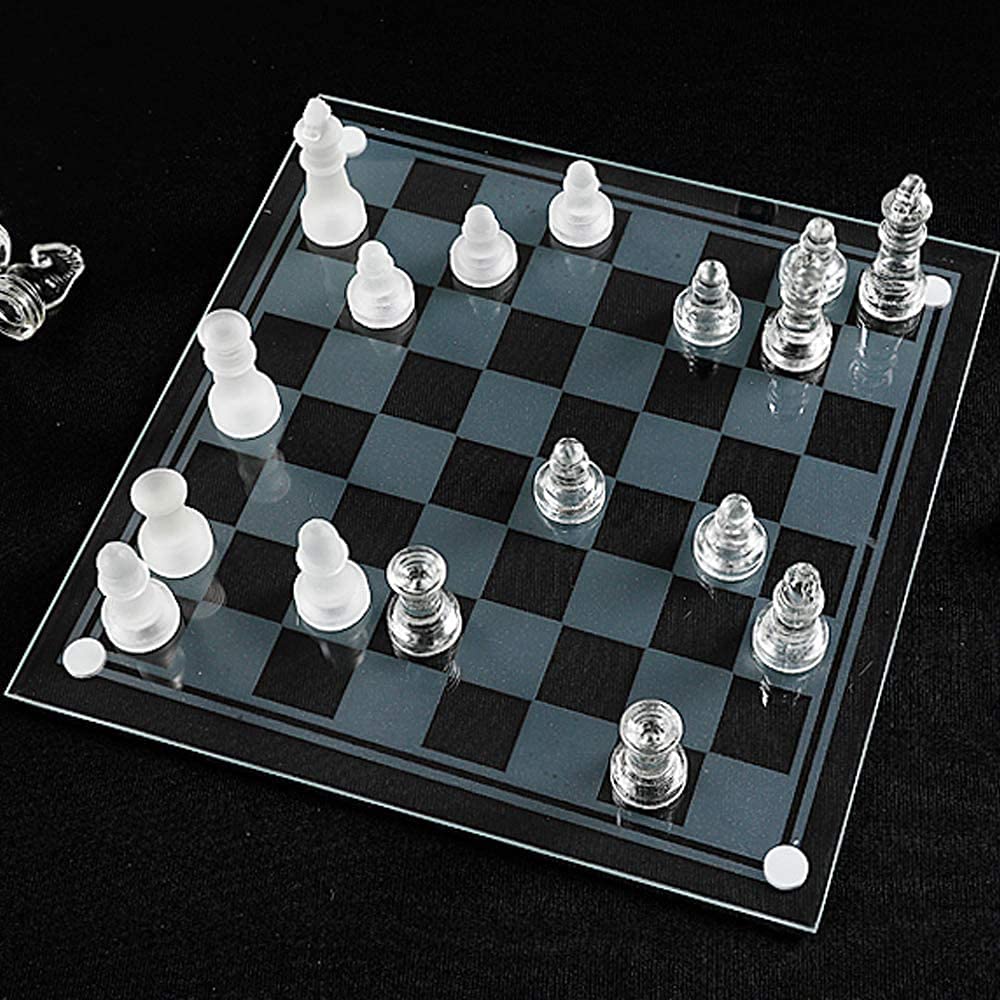 10*10 Glass Chess Set Frosted and Clear Pieces Felted Bottom for Adult and Teens(Gift for Game Education)
