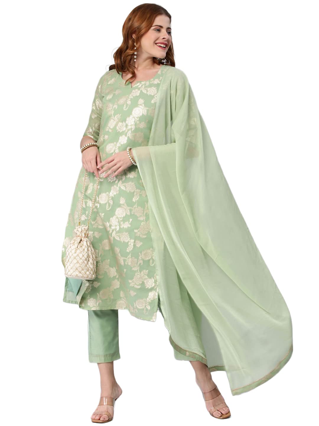 Anni Designer Women'S Banarasi Woven Straight Embellished Printed Kurta With Pant & Dupatta (Kabzaa-Pista-Nw_L_Pista_Large),Pista,L