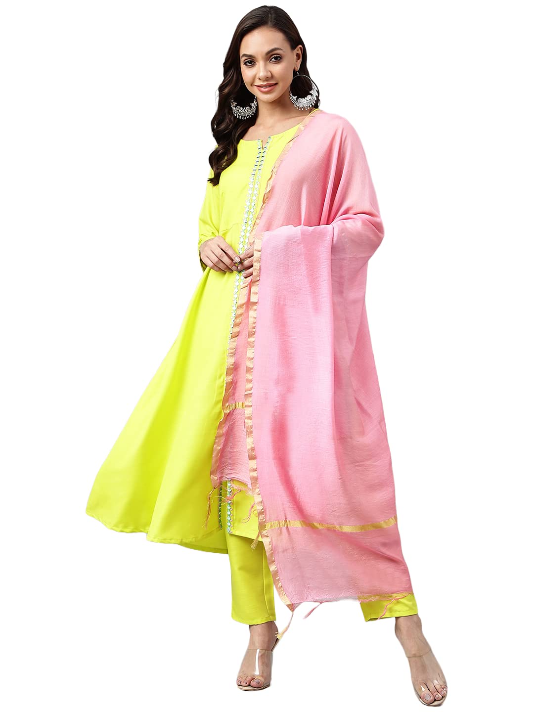Anni Designer Women'S Cotton Blend Embroidered Anarkali Kurta With Palazzo & Dupatta (Darwaja Green_M_Green_Medium),Green,M