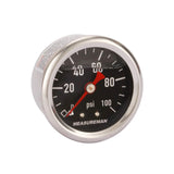 MEASUREMAN 1.5 Black Dial, 304 Stainless Steel case, Liquid Filled Fuel Pressure Gauge, 0-100Psi, -3-2-3%, 1/8 NPT Center Back M