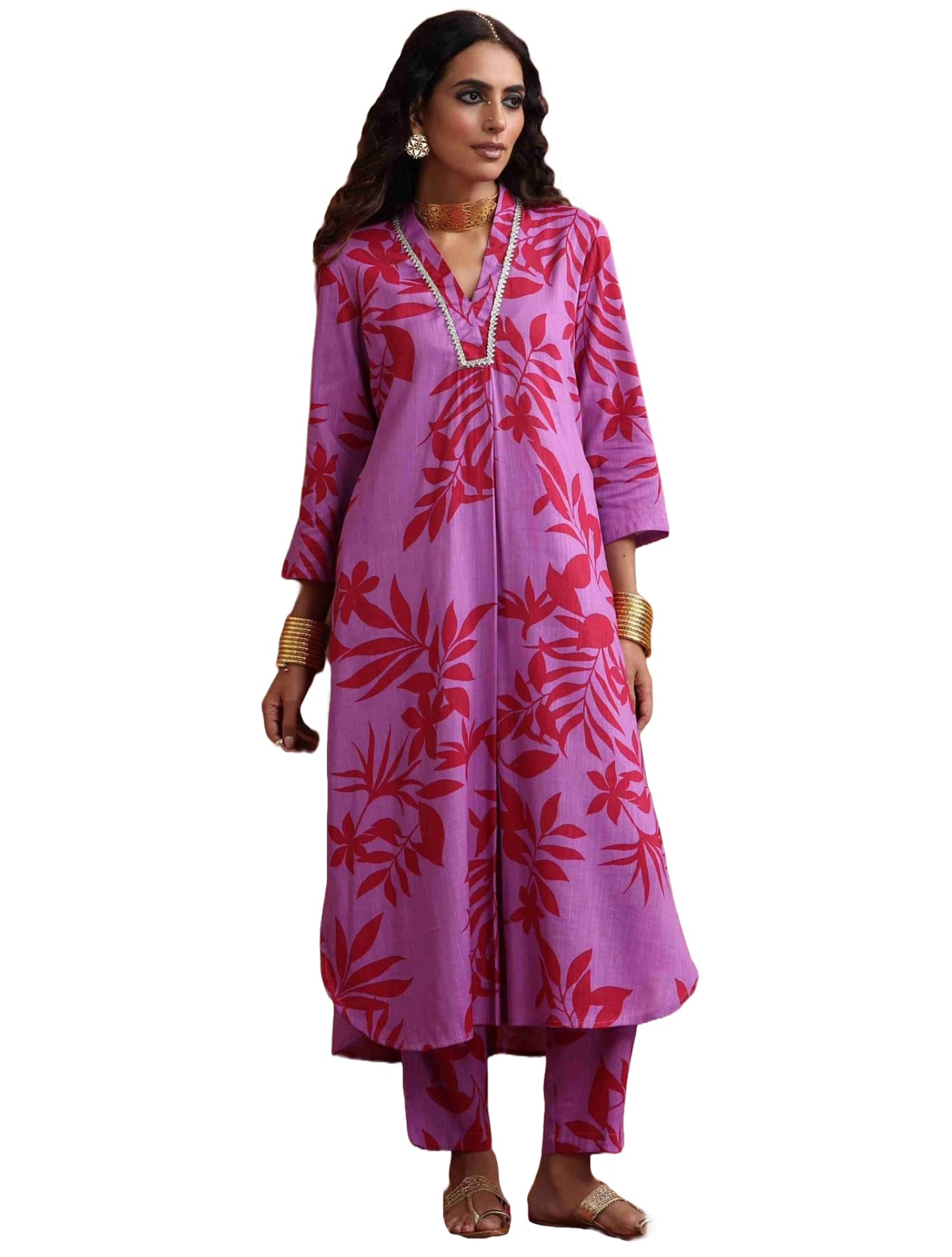 Anni Designer Women'S Rayon Blend Straight Printed Kurta With Pant (Kundan Pink_L_Green_Large),Pink,L