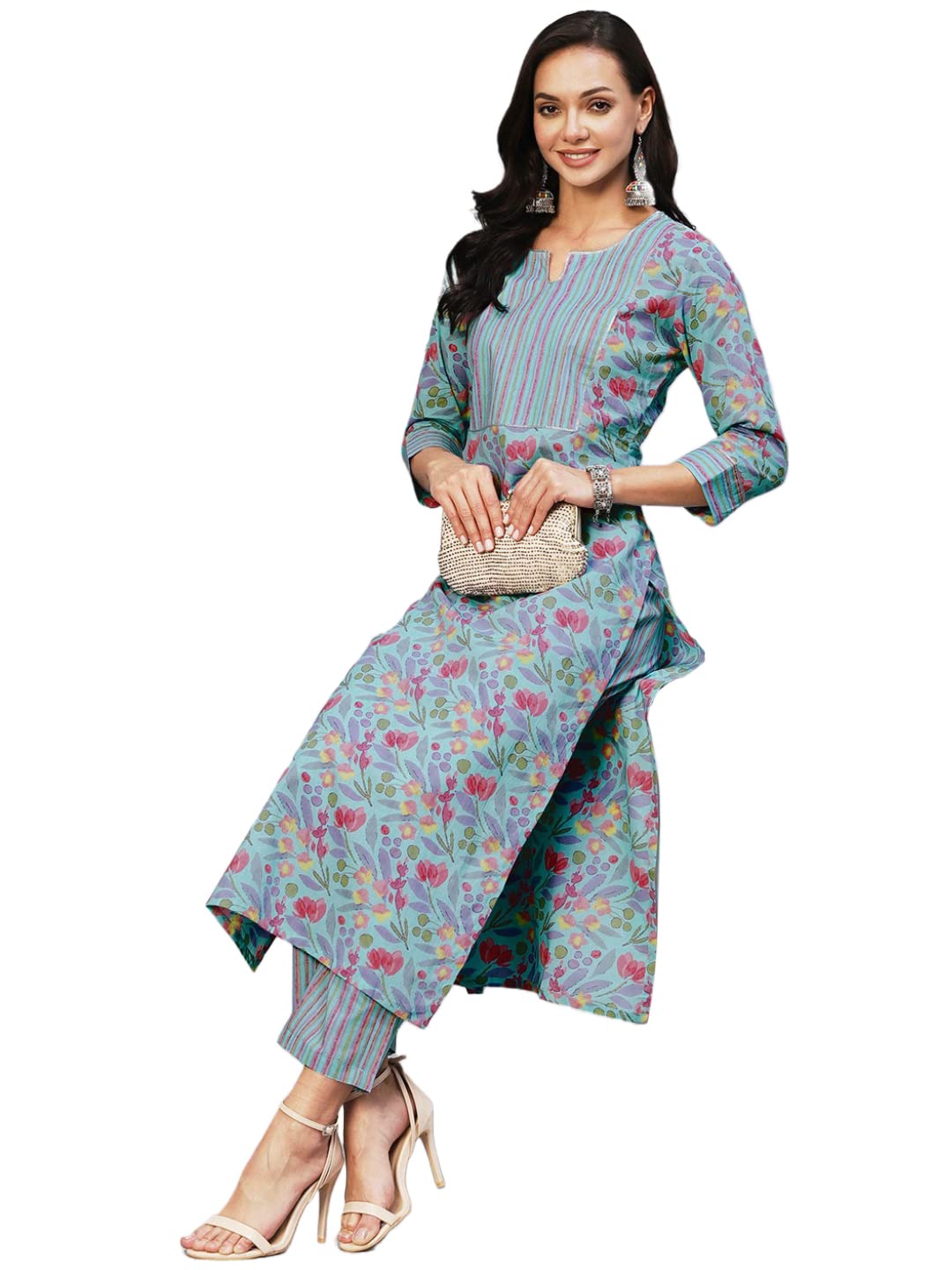 Gosriki Women'S Cotton Blend Printed Straight Kurta With Pant (Nand Blue-Gs_Xl_Blue_X-Large),Blue,,B0C2PML8JC