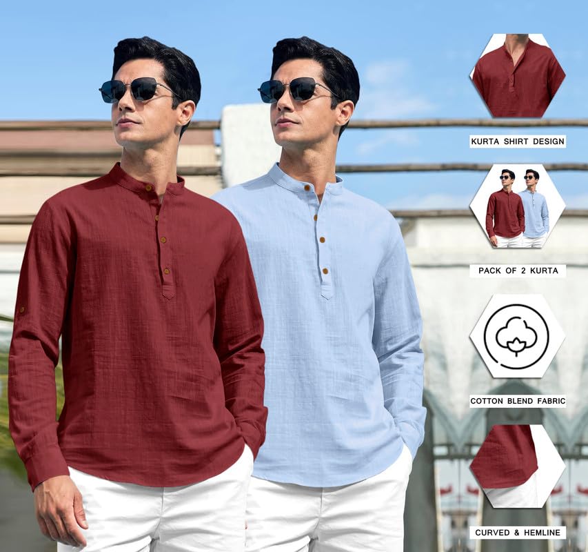 Royalscout Combo Of Men'S Solid Cotton Blend Full Sleeve Straight Kurta Shirt (Pack Of 2) Maroon-Sky Xl