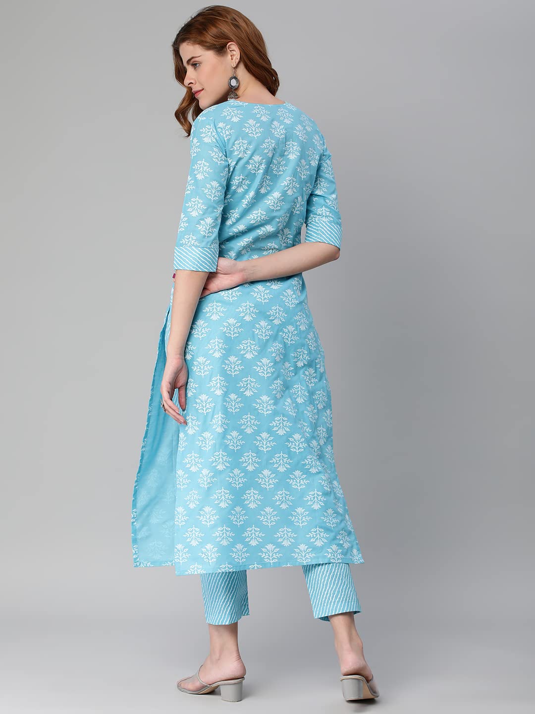 Anni Designer Women'S Cotton Blend Printed Straight Kurta With Pant (Kidya Blue_Xl_Blue_X-Large),Blue,XL,Cotton Blend,Regular,Kurta with Pant