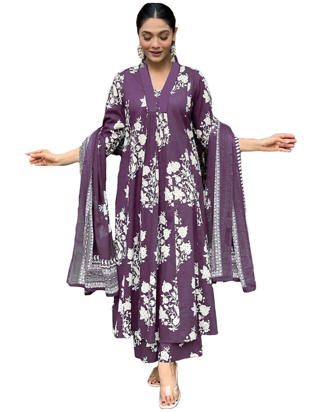 Anni Designer Women'S Rayon Viscose Anarkali Printed Kurta With Pant & Dupatta (Jasiwal Purple_Xl_Purple_X-Large),Purple,XL